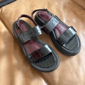 Black Croc-Embossed Staud Sandals